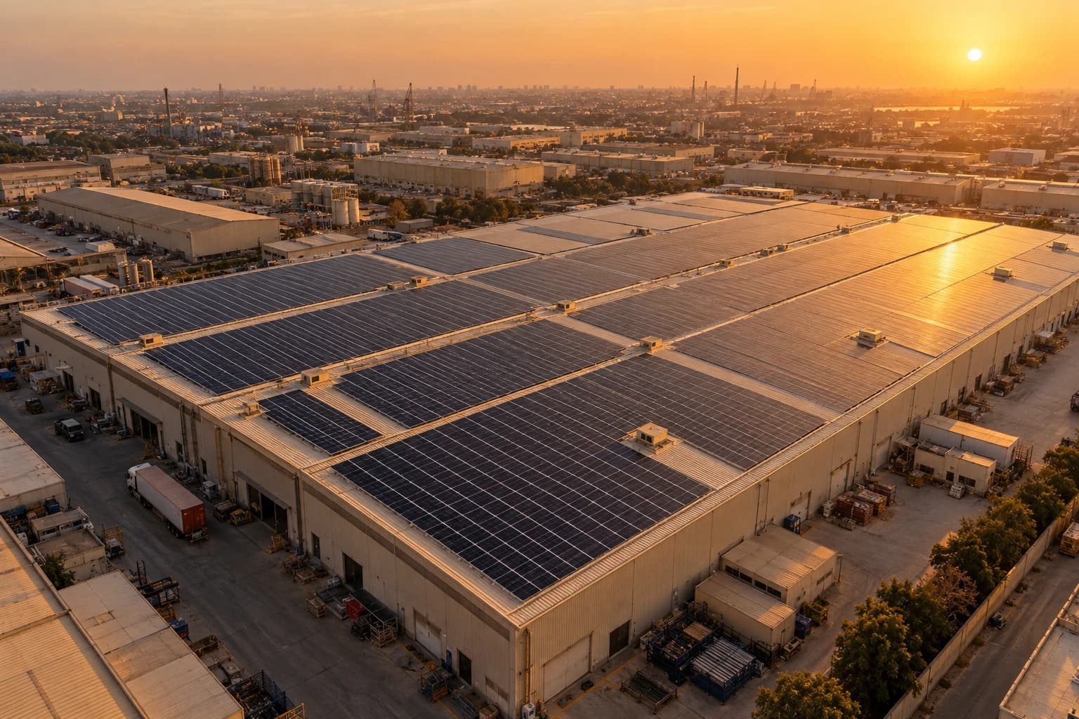 Commercial rooftop solar on a Karachi factory at golden hour