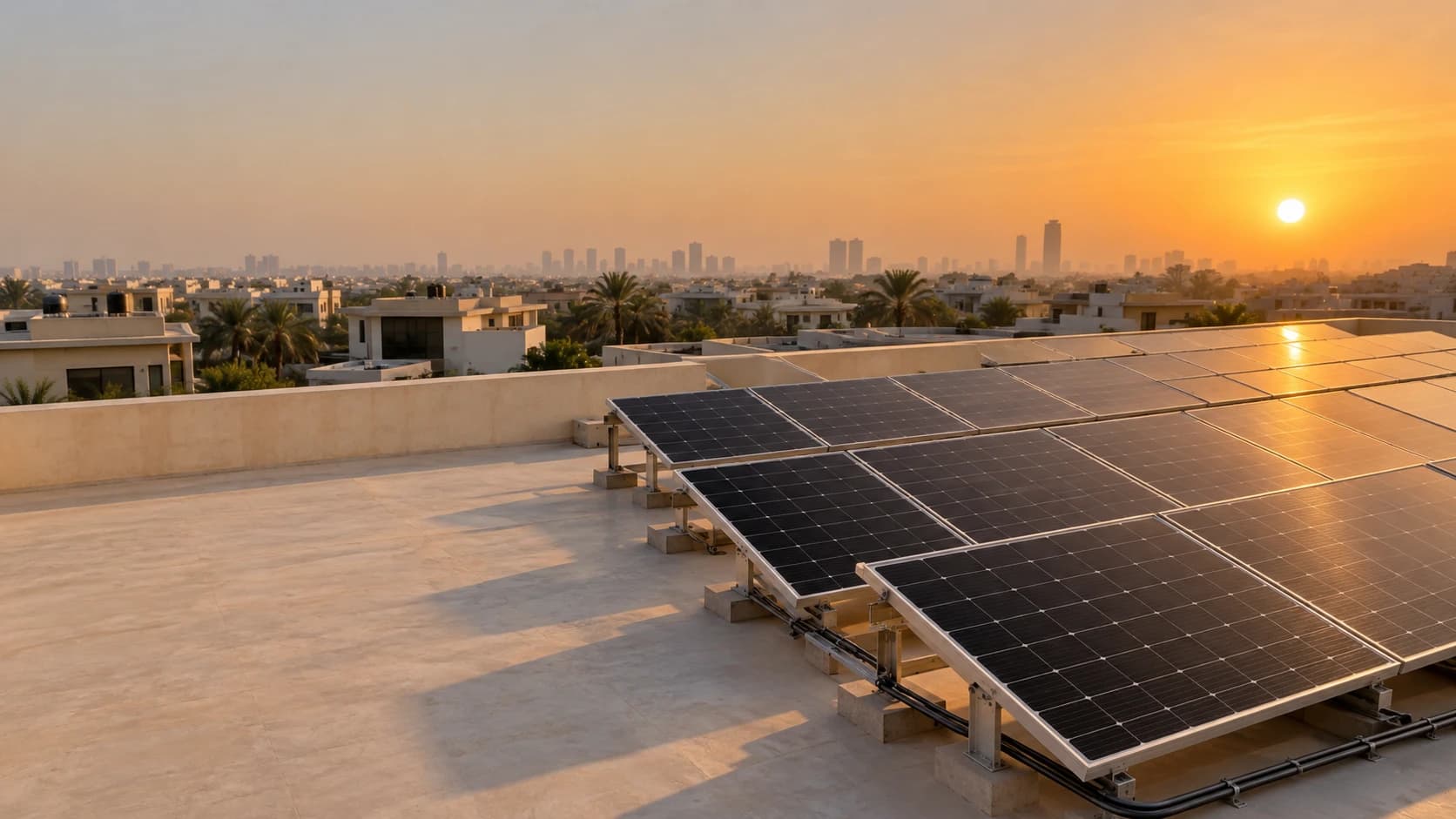 Solar panels on a Karachi villa rooftop at sunrise