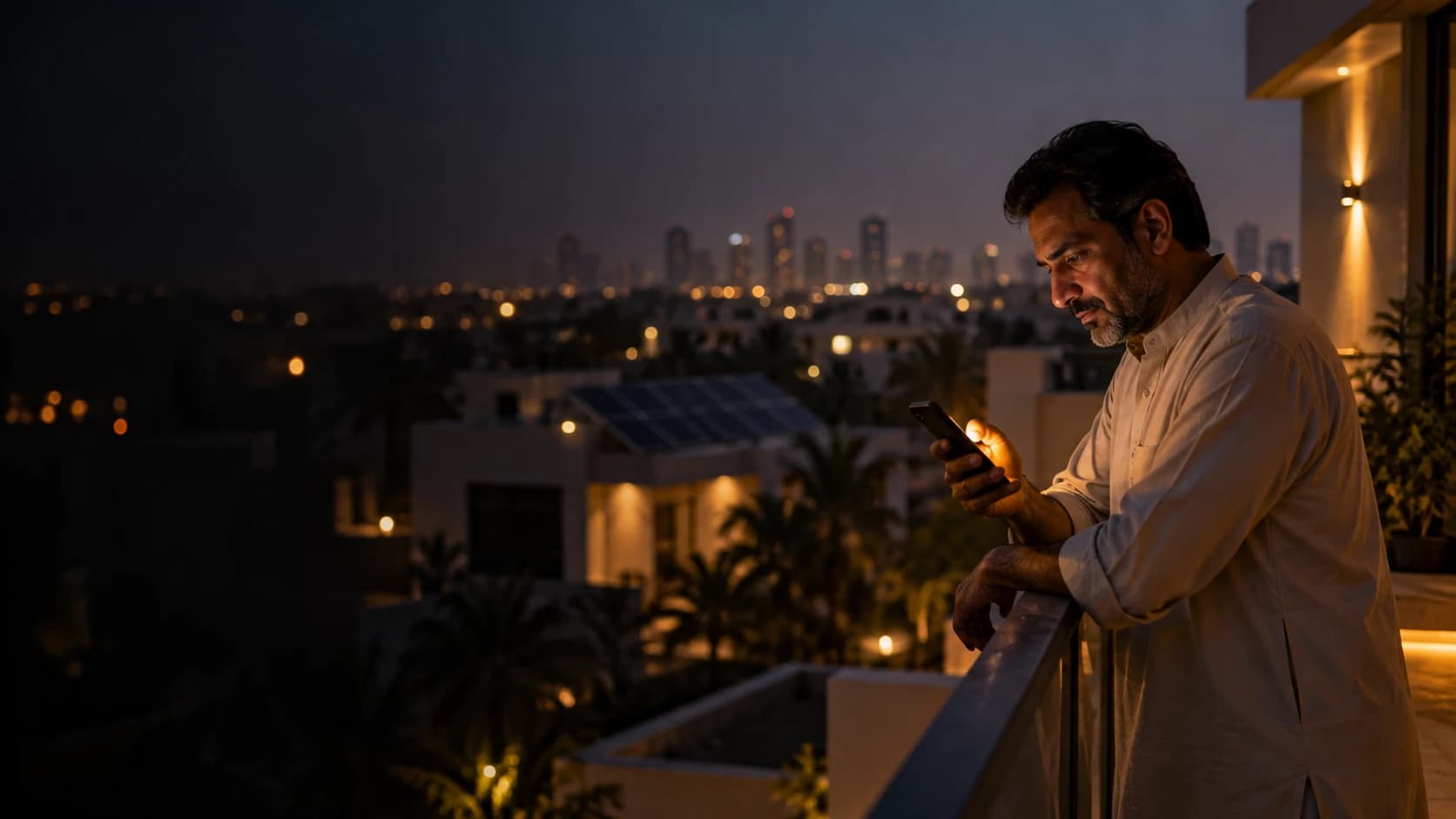 A homeowner checking his phone on a Karachi balcony in the evening
