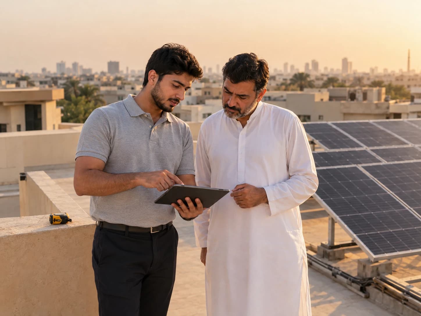 A solar engineer and a homeowner during a rooftop site survey
